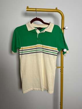 Vintage 70s Michael Low Green & Cream Striped Knit Polo Shirt